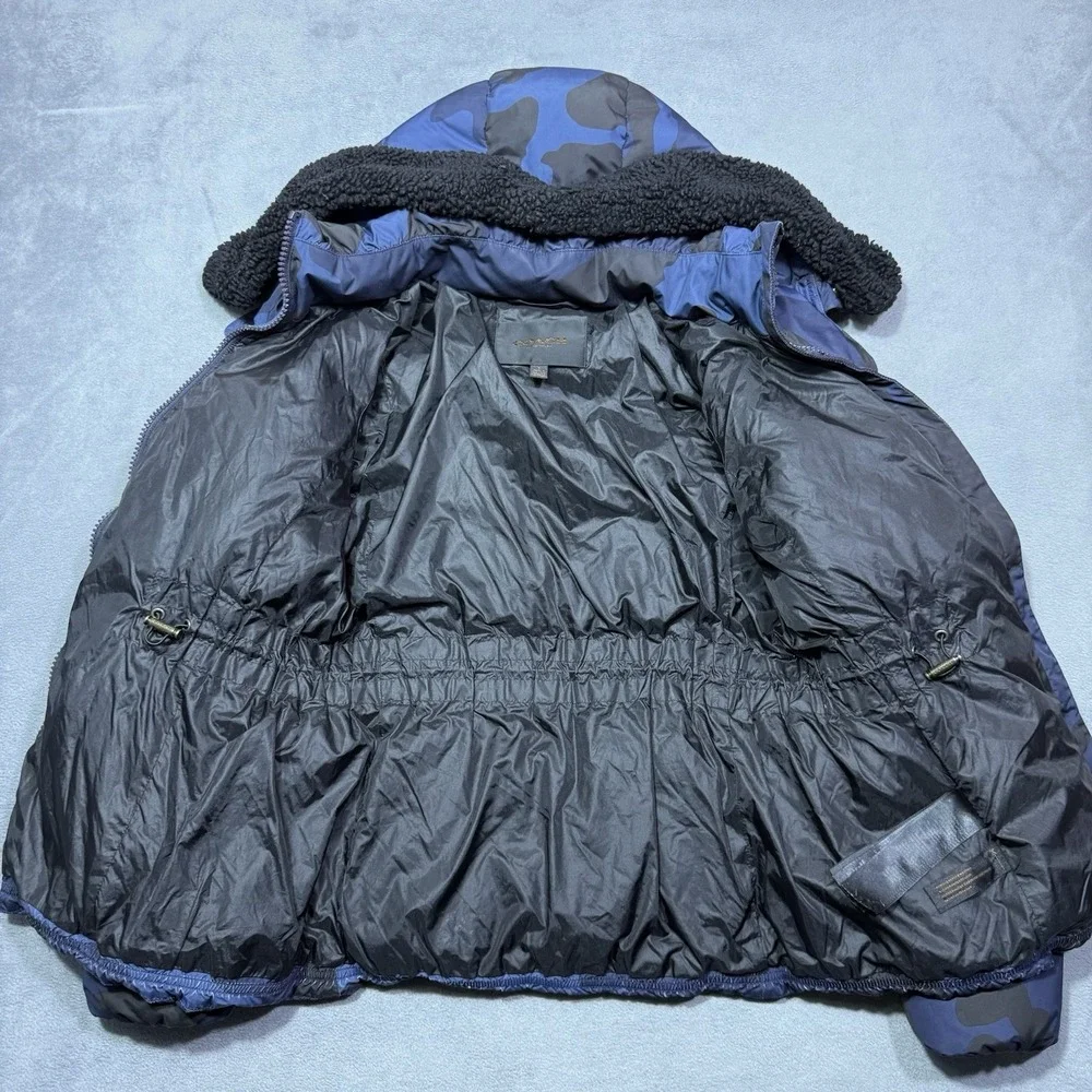 Coach Puffer Jacket Womens S Blue Camo Goose Down Sherpa Hood